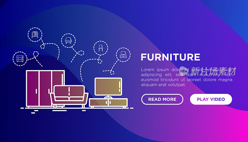 Interior web page template with thin line icons of furniture: sofa, wardrobe, TV stand. Vector illustration on gradient background.